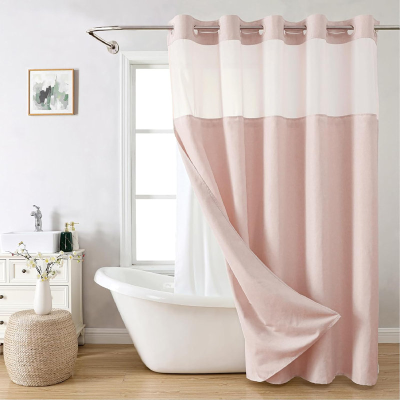 Latitude Run No Hooks Needed Linen Textured Shower Curtain with Snap in Fabric Liner Set with Mesh Top Window Wayfair